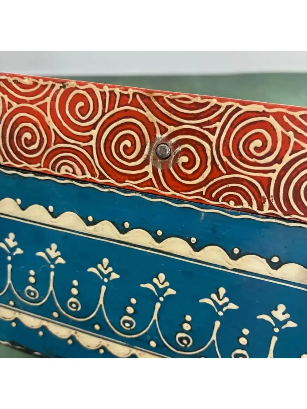Hand Painted Indian Folk Art Wooden Trinket Box Jewelry Box Blue Red